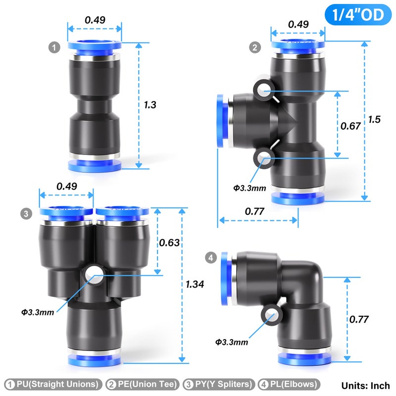 TAILONZ PNEUMATIC 1/4 Inch od Push to Connect Fittings Pneumatic Fittings Kit 20 Spliters+20 Elbows+20 tee+20 Straight (80 pcs) - Image 2
